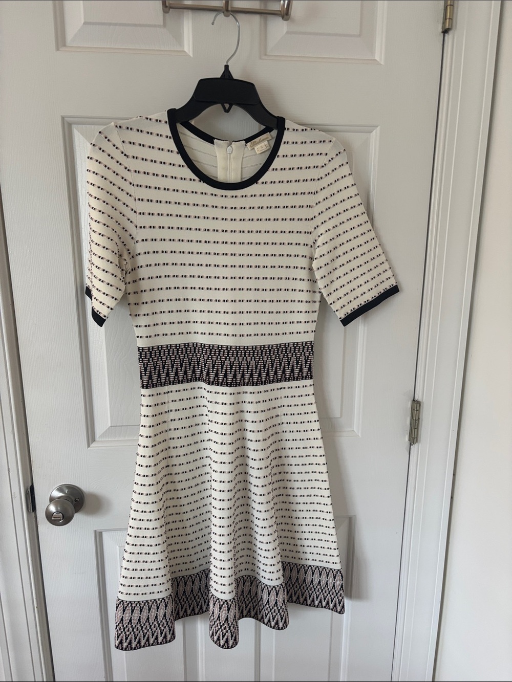 Shoshanna Cream and Black Patterned Knit Fit-and-Flare Dress Ribbed